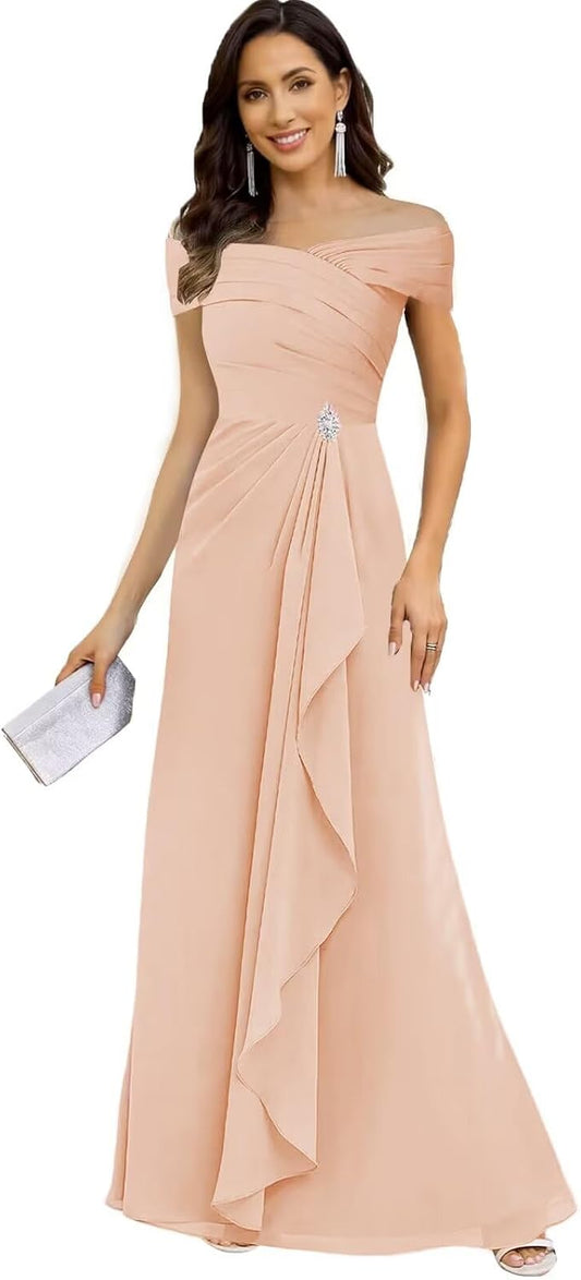 Off Shoulder Mother of The Bride Dresses Chiffon Beaded Formal Evening Gowns Wedding Guest Groom's Mother R65