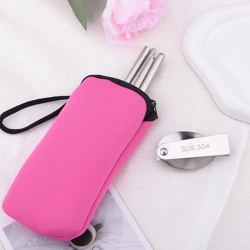 Folding Portable Spoon and Chopsticks Set with Pink Bag Stainless Steel Travel Utensils for Camping Lunch Utensils Set for Work Portable Cutlery for Women Girls