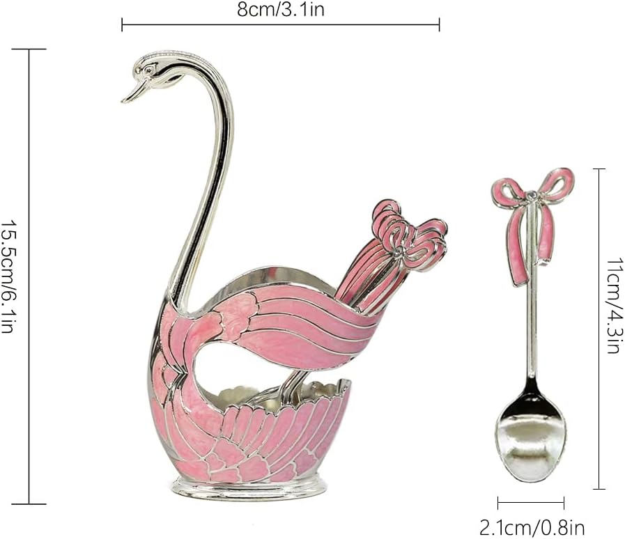 Flylin Metal Swan Base Holder: 6pcs Organizer Set with Ice Cream Spoons, Teaspoons, Dessert Spoon + Spoon Holder (Pink)