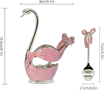 Flylin Metal Swan Base Holder: 6pcs Organizer Set with Ice Cream Spoons, Teaspoons, Dessert Spoon + Spoon Holder (Pink)