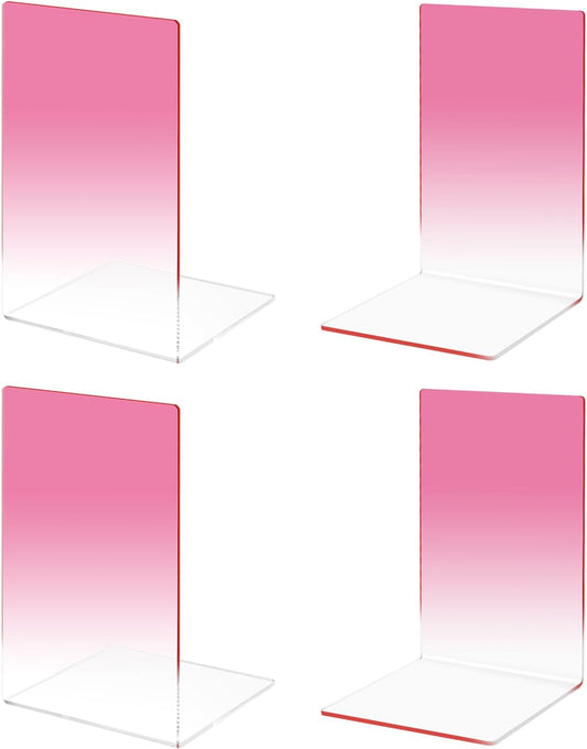 Honagu Book Ends, Acrylic Bookends, Clear Book Ends for Shelves, Desk Book Organizer, Book Holder Stand Decorative for Heavy Books, CDs, Video Games (2 Pair/4 Pieces, Gradient Pink)
