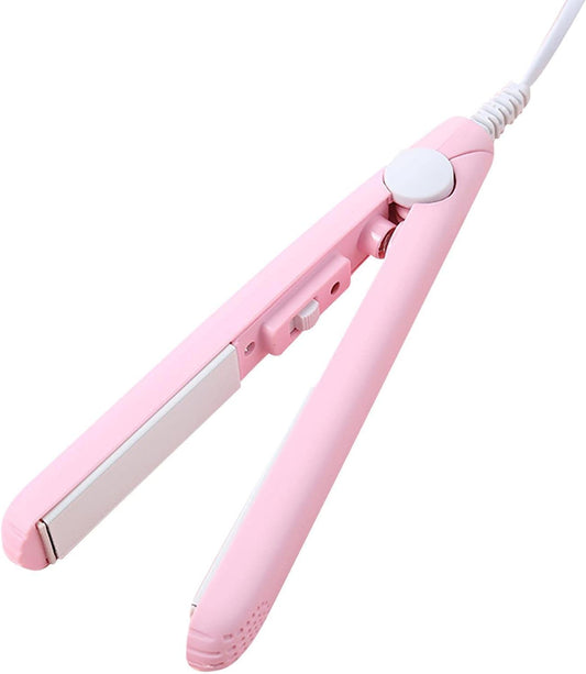 Mini Pink 2-in-1 Ceramic Curling Iron and Straightener, Travel Size Dual Voltage Hair Styling Tool for Short Fine Hair, Lightweight Portable Iron Heating Curler