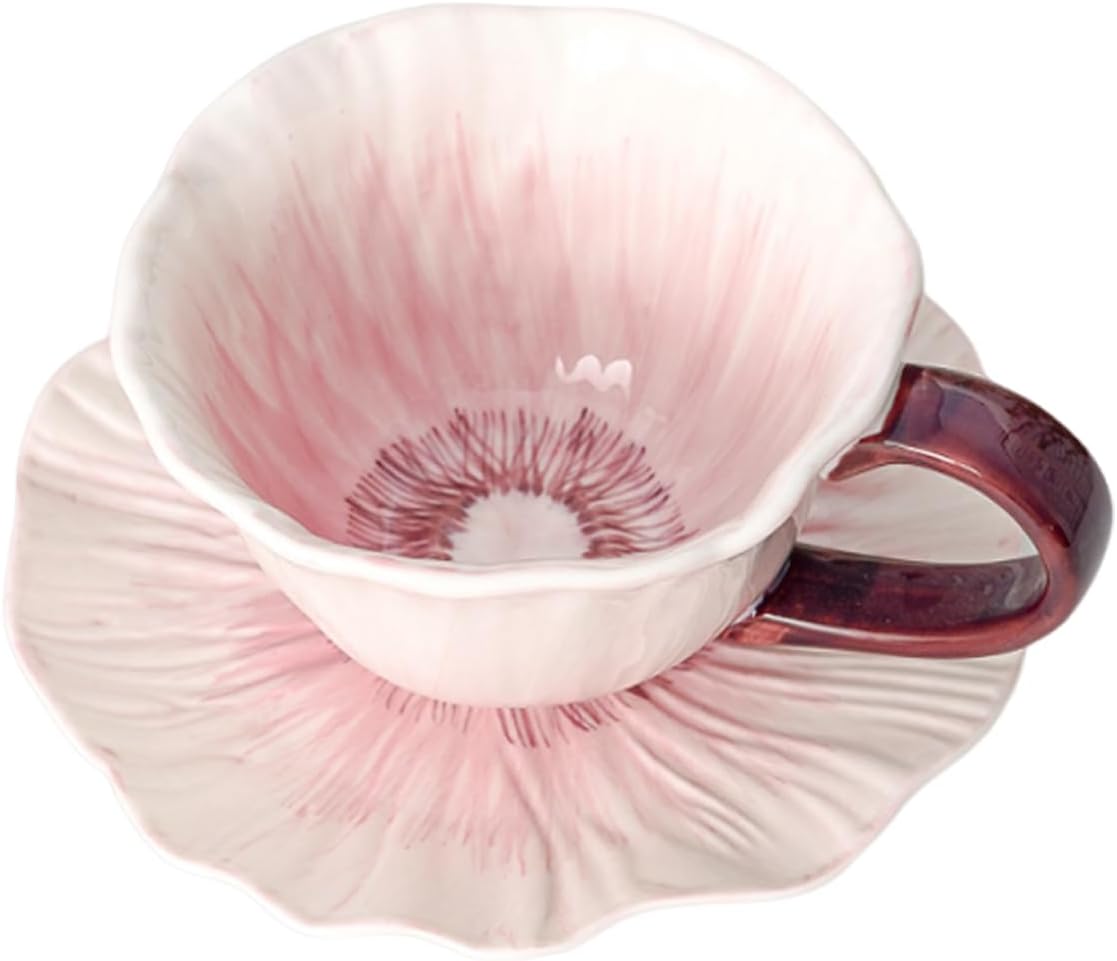 Ceramic Coffee Mug with Saucer Set, 10 Oz Flower Coffee Mug Tea Cup Set for Women, Floral Coffee Latte Mug, Porcelain Fancy Teaware for Birthday Wedding Mother's Day Gift Party (Pink)