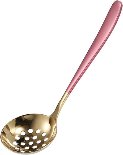 Strainer Spoon, Slotted Kitchen Spoon and Soup Ladle, Stainless Steel Soup Ladle for Hot Pot, Colander for Home, Restaurant, Kitchen, Filter, Pink