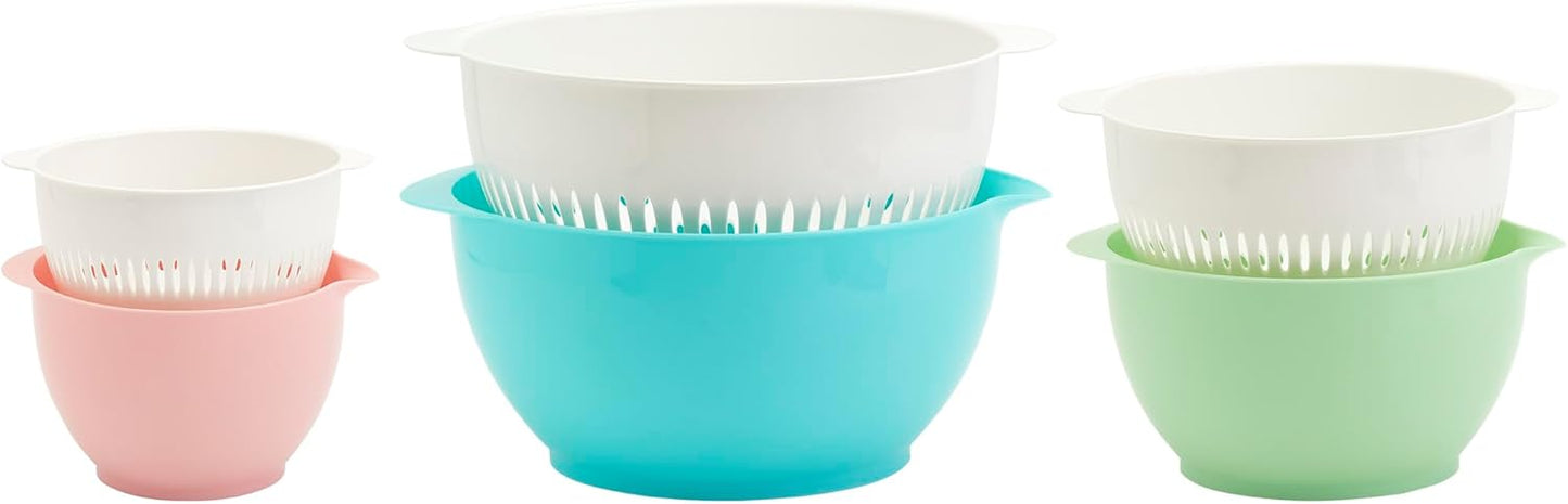 Basic Essentials 6 Piece Plastic Nesting Mixing Bowls with Colanders Set for Kitchen, Baking, Prepping, Cooking, Space Saving Storage, Multiple Sizes, Pink, Mint Green & Light Blue