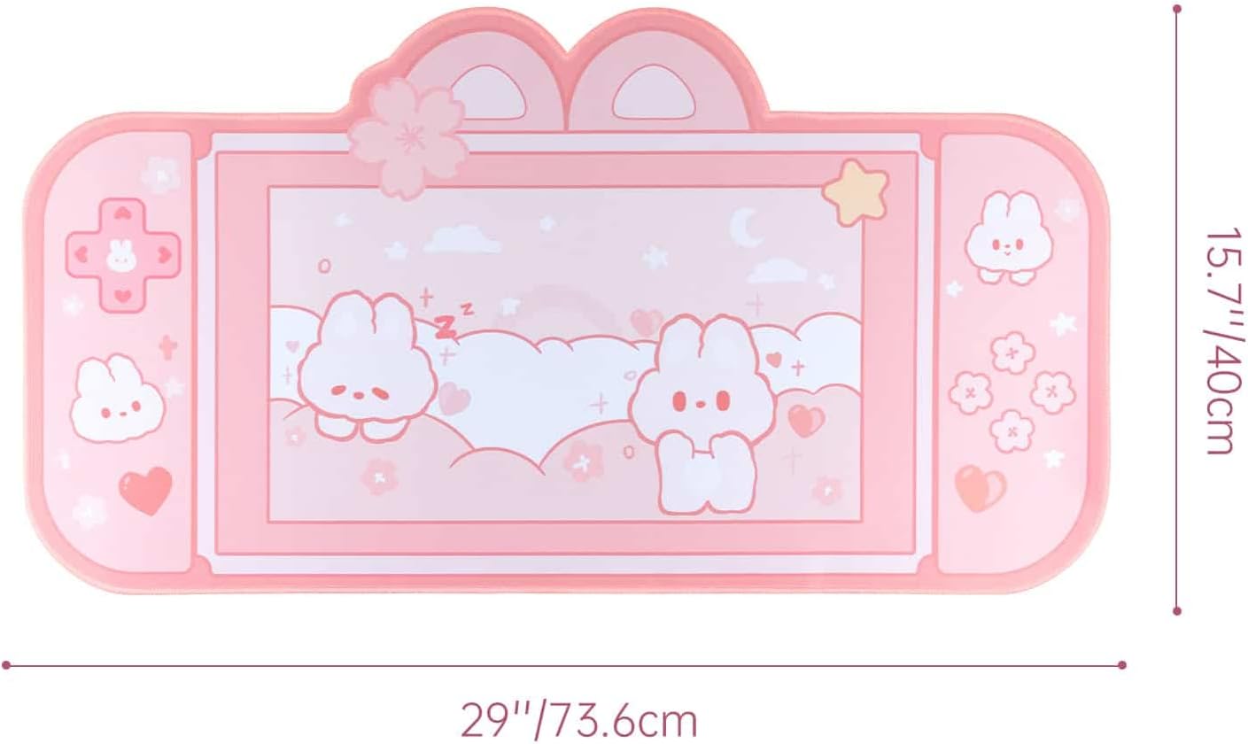 BelugaDesign Bunny Desk Pad | NS Switch Keyboard Gaming Mat Large Mousepad | Pastel Pink Kawaii Anime Desk Blotter Protector | Pink Rabbit Desk Mat for Gaming Office Home Decor Cute Desk Setup (Large)
