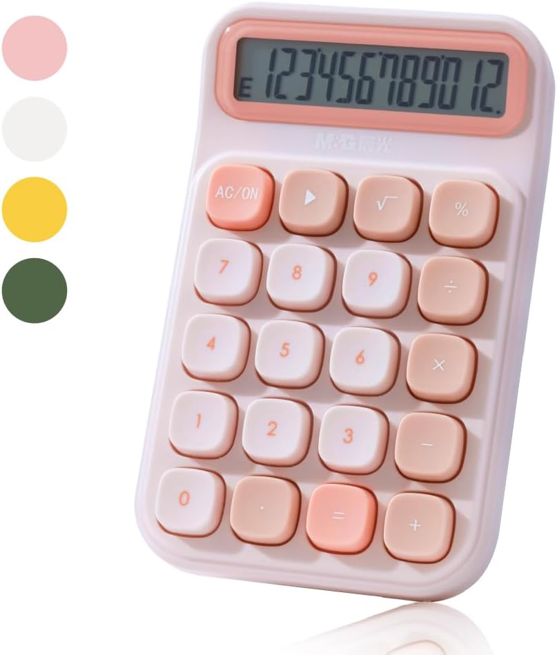 M&G Mechanical Switch Calculator, 12 Digits, Large LCD Display and Big Buttons, Cute Pink Desktop Calculator for Office, Home, School (Battery Included)