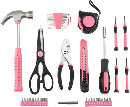39-Piece Home Tool Kit with Carrying Case, Hand Tools Set with Pliers, Screwdrivers, Hammer,Pink