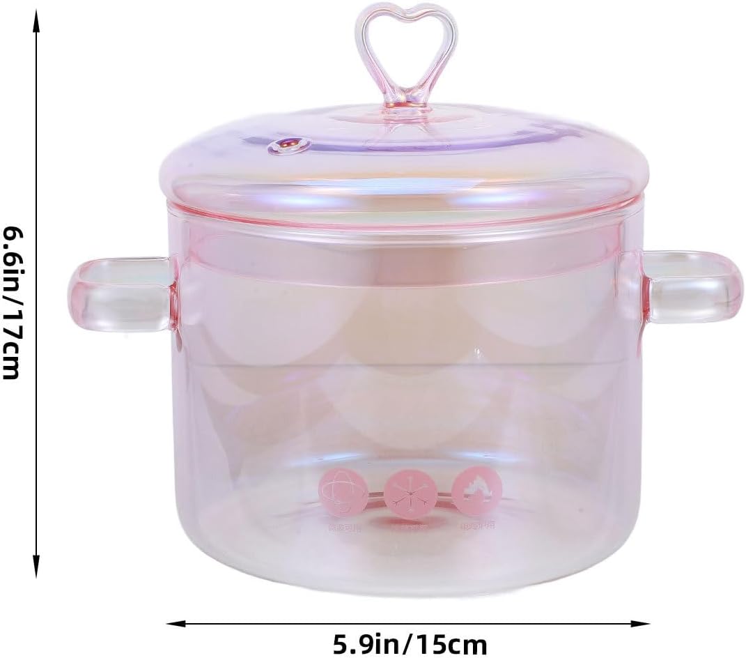 ERINGOGO Glass Cooking Pot with Cover and Handle - 1.5L/50oz Stovetop Cooking Pot with Lid Heat Resistant Glass Saucepan High Borosilicate Glass Cookware Simmer Pot Clear Soup Pot - Pink, 20x15cm