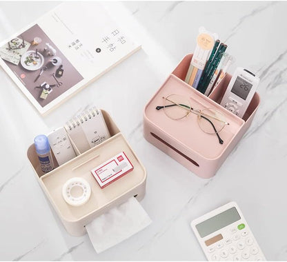 HornTide 5-in-1 Tissue Box 7.8inch Multifunction Countertop Organizer 3X Compartments 1x Tray Boutique Stationery Storage Caddy HIPS Plastic (Pink)