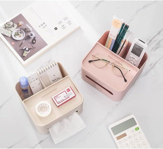 HornTide 5-in-1 Tissue Box 7.8inch Multifunction Countertop Organizer 3X Compartments 1x Tray Boutique Stationery Storage Caddy HIPS Plastic (Pink)