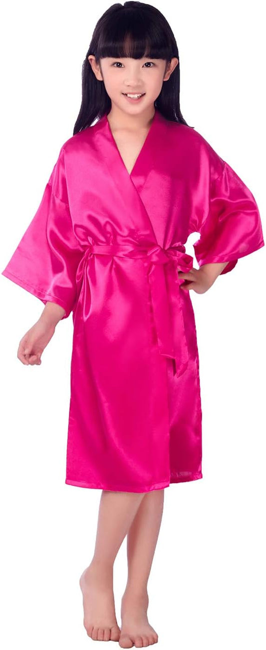 Girls Kid's Silky Satin Kimono Robes for Wedding Spa Birthday Party Gifts Solid Color Bathrobe