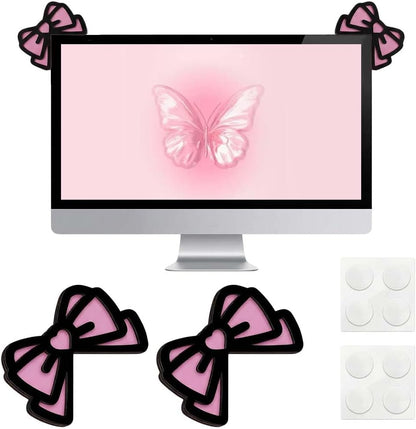 2 PCS 3D Wood Pink Bow Computer Monitor Decor Cute Coquettish Mini PC Decorations Laptop Office Decoration Gift for Women