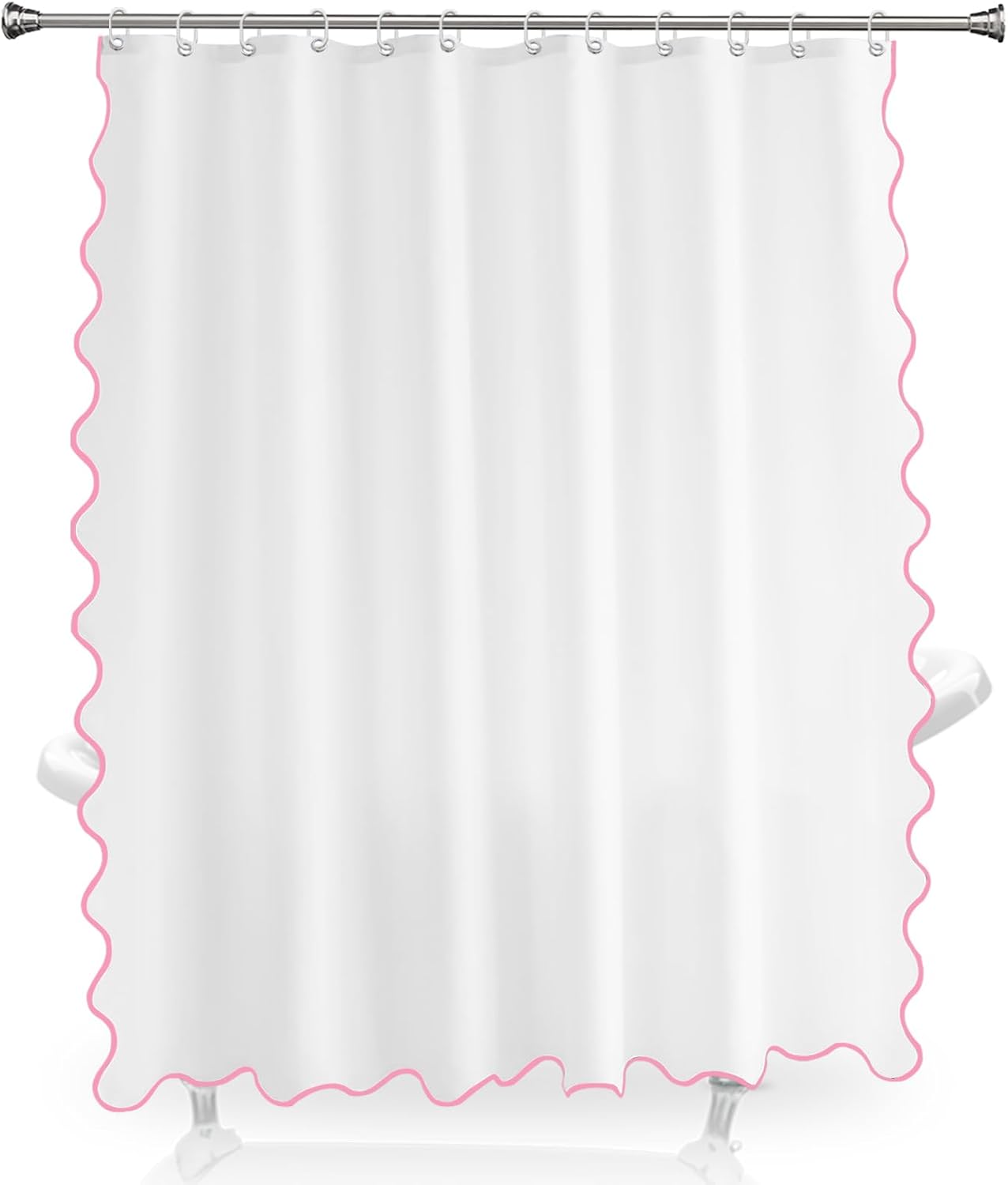Pink and White Boho Cute Scalloped Shower Curtain, Long Modern Aesthetic Shower Stall Curtains for Bathroom, Luxury Waterproof Fabric, Girly Dorm Funky Pretty Elegant Bath Decor Sets (Pink, 84 x 72)