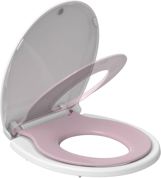 Round Pink Toilet Seat for Adult and Child, Built-In Potty Training Seat with Soft Quiet Close Non-Slip Design, Magnetic Kids Seat and Cover for Round Toilets, Easy to Install and Clean