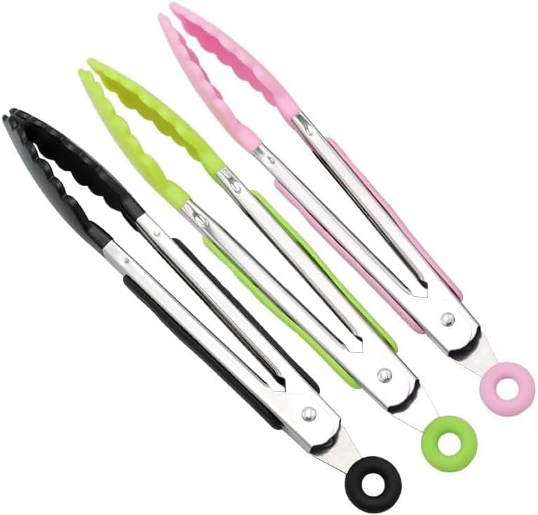 6 Piece 8-Inch Mini Serving Tongs for Cooking, Stainless Steel Locking Tong with Silicone Tips, Heat Resistant Grilling Barbeque Kitchen Food Tongs for Nonstick Cooking Pans (Pink)