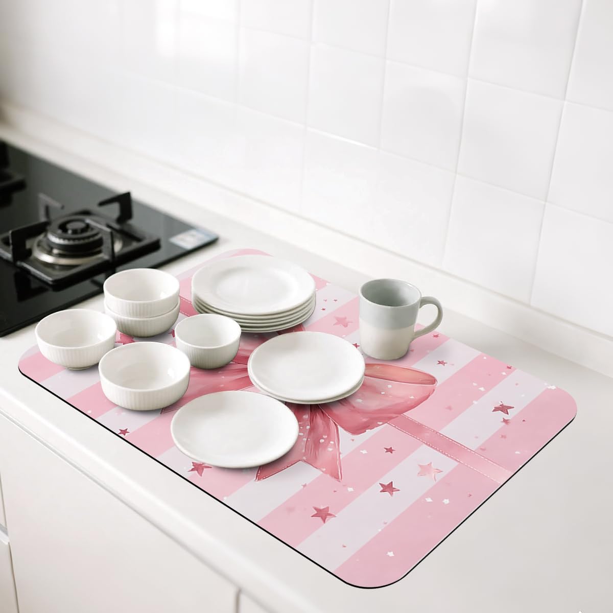 Pink Bow Dish Drying Mat for Kitchen Counter 2 Pack Bowknot Cute Dreamy Ribbon Romantic Absorbent Draining Pad, Non-Slip Coffee Bar Mats for Coffee Machine Station Accessories 12"L x 20"W
