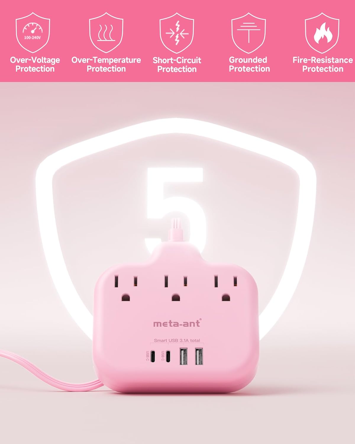 Pink Extension Cord with 3 AC Outlets & 4 USB Ports (2 USB-C), Pink Desk Accessories, 1625W Cute Extension Cord for Travel Curise Kawaii Desk Office Bedroom Accessories