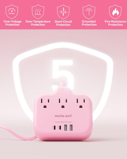 Pink Extension Cord with 3 AC Outlets & 4 USB Ports (2 USB-C), Pink Desk Accessories, 1625W Cute Extension Cord for Travel Curise Kawaii Desk Office Bedroom Accessories