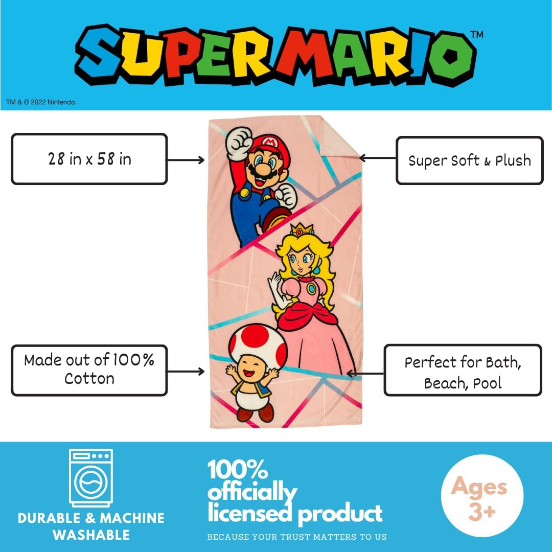 Super Mario Girl Princess Peach Kids Super Soft Cotton Bath/Pool/Beach Towel, 58 in x 28 in, (Officially Licensed Product)