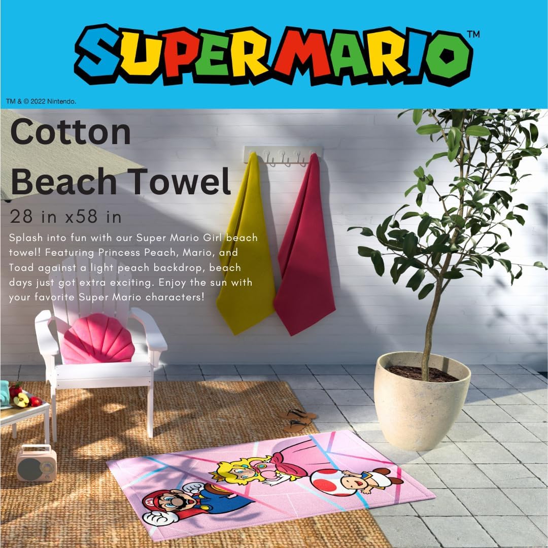 Super Mario Girl Princess Peach Kids Super Soft Cotton Bath/Pool/Beach Towel, 58 in x 28 in, (Officially Licensed Product)