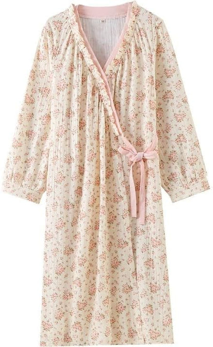 Womens Robe, Cotton Gauze 3/4 Sleeve Floral Long Bath Robe Soft Bathrobe House Coat Sleepwear