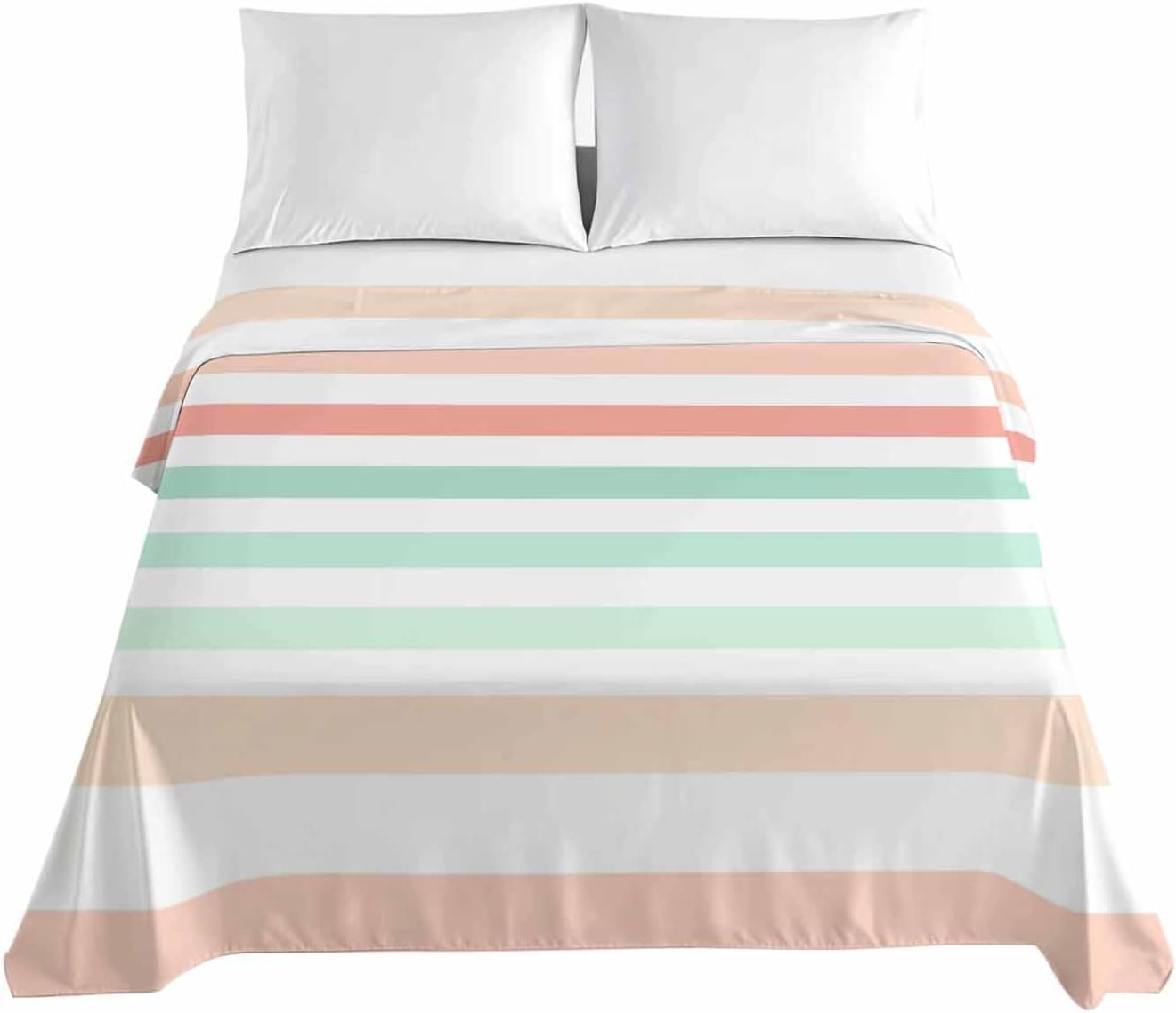 Peach Pink Green Ombre Twin Sheets - Hotel Quality Twin Flat Sheet Only 1 Pack, Farmhouse Stripe Modern Soft Bed Sheet Brushed Microfiber Bedding Top Sheets for Home Dorm