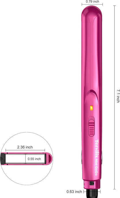 Terviiix Mini Flat Iron for Bangs Short Hair Edges, 1/2 Inch Small Ceramic Hair Straightener and Curler 2-in-1, Travel Flat Iron with Dual Voltage, 430F Fast Heat, Pouch - Pink