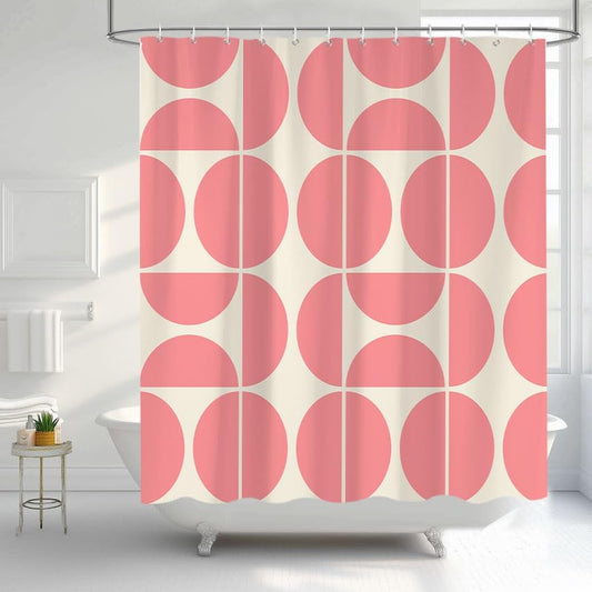 Pink Mid Century Modern Shower Curtain, Boho Abstract Geometric Retro Art Shower Curtains for Bathroom, Cute Semicircle Unique Pattern Polyester Fabric Bathroom Set 12 Hooks 72X72IN