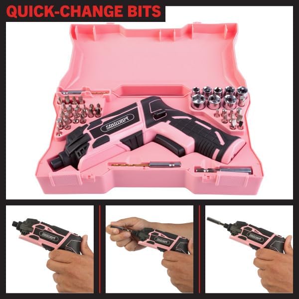 Electric Screwdriver Cordless Drill with Battery and Charger - 45-Piece Cordless Screwdriver Set with LED Light, USB Cable, Dual Position Screw Gun and Bits for Home, Office and DIY by Stalwart (Pink)