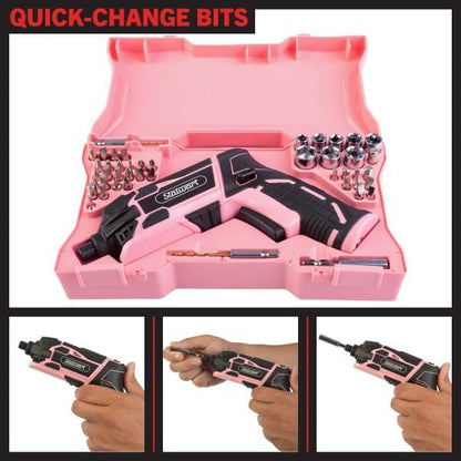Electric Screwdriver Cordless Drill with Battery and Charger - 45-Piece Cordless Screwdriver Set with LED Light, USB Cable, Dual Position Screw Gun and Bits for Home, Office and DIY by Stalwart (Pink)
