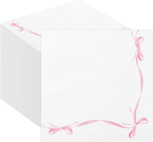 50 Pcs Pink Bow Paper Napkins Bachelorette Decorations Bow Theme Birthday Party, Bridal Engagement Decor, Girl Baby Shower Table Decor Party Supplies，6.5"*6.5"