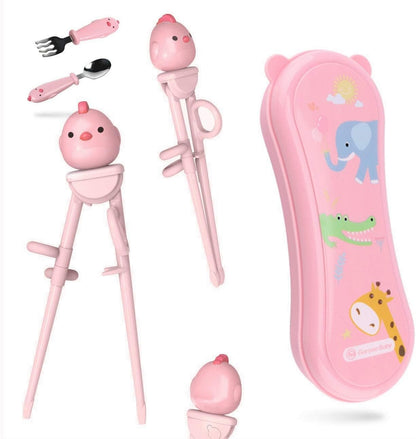 Training Chopsticks Set for Kids and Beginners,Chopstick Spoon Fork and Case Set,Reusable Learning Chopsticks with Attachable Learning Chopstick Helper - Right Handed Only Stainless Steel Pink