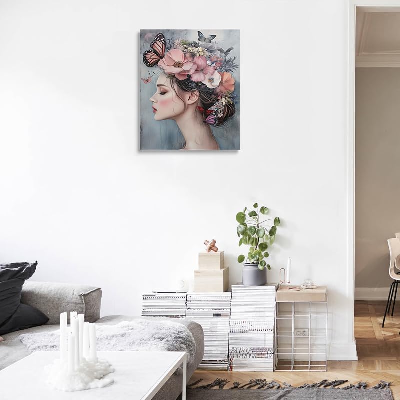 Woman with Flower Crown and Butterflies Canvas Wall Art Framed Print Painting Feminine Floral Portrait Pastel Pink Wall Decor Artwork for Bedroom Nursery Office Dreamy Ethereal Aesthetic 12x16 Inches