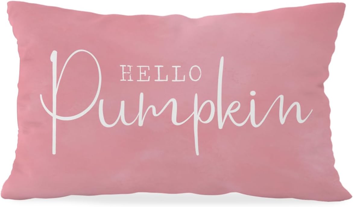 Pink Fall Throw Pillow Cover 12x20, Fall Room Decor, Hello Pumpkin Autumn Decor Pillow Cover Indoor Outdoor Living Room Bedroom Porch Sofa Home Decoration