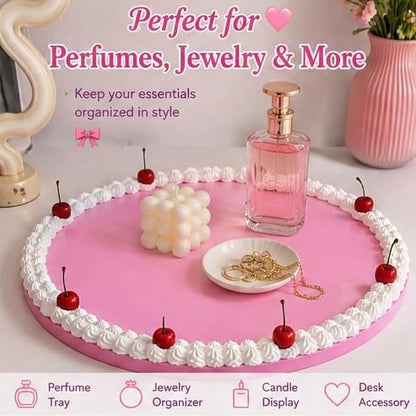Drippin Spice Retro Pink Cherry Faux Cake Tray, Handmade Decorative Vanity Tray, Coquette Aesthetic Room Decor, Cute Jewelry & Perfume Organizer, Girly Dessert Display Plate, XL 15.75 Inch