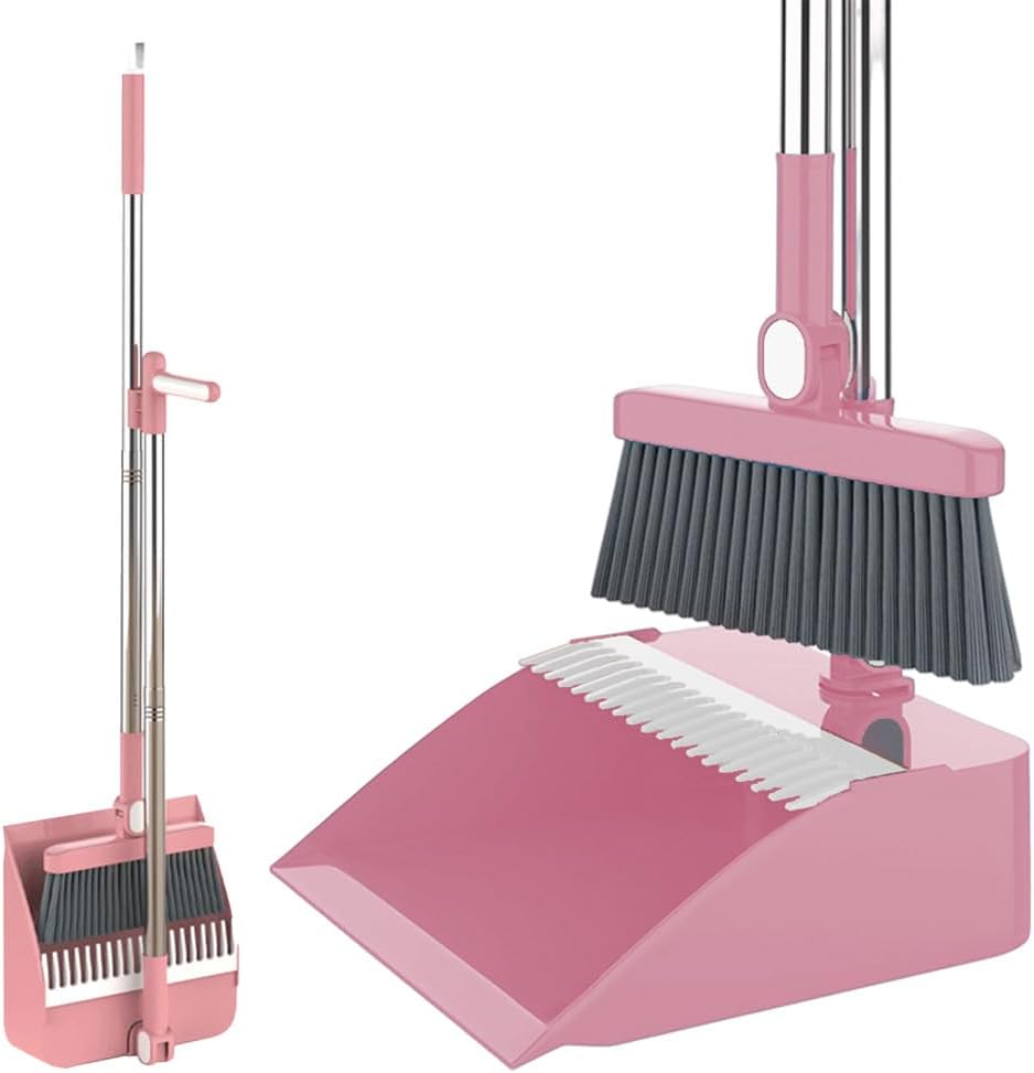 Stand-Up Dustpan Set with 180° Rotating Broom,Self-Cleaning Comb Teeth & Long Handle, No Bending Sweeping Set for Home Kitchen Floor Pet Hair (Pink,Basic Set)
