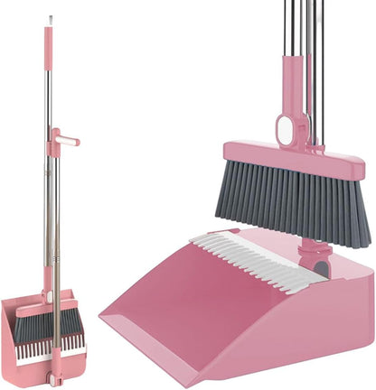 Stand-Up Dustpan Set with 180° Rotating Broom,Self-Cleaning Comb Teeth & Long Handle, No Bending Sweeping Set for Home Kitchen Floor Pet Hair (Pink,Basic Set)