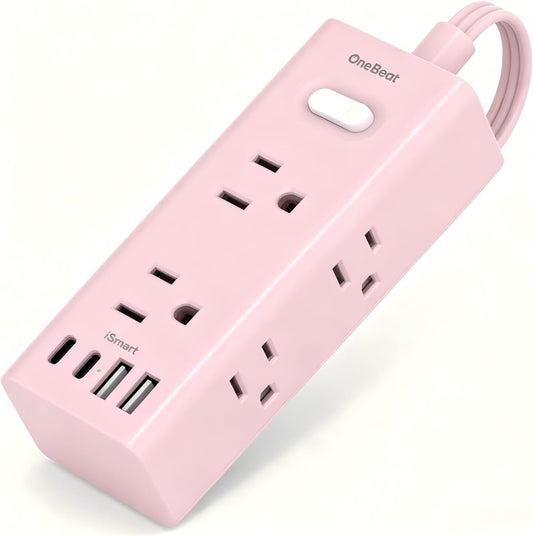 5Ft Extension Cord with Multiple Outlets, Flat Plug Power Strip Surge Protector with 5 Ft Long Cord, 6 Outlet 4 USB Ports (2 USB C), Multi Outlet Wall Plug for College, Dorm Room Essentials(Pink)