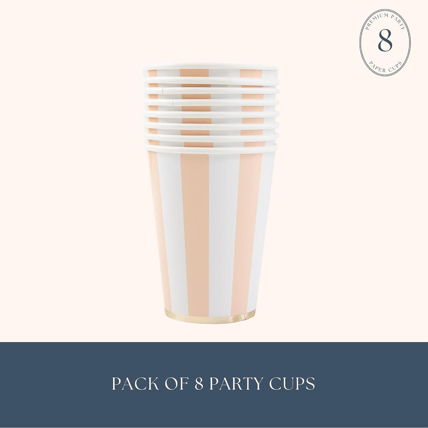 Bonjour Fête Light Peach Cabana Stripe Party Cups | Disposable Cups for Holidays, Baby Showers, Easter & Birthday Parties | Premium Party Supplies & Decorations | Pack of 8 | 12oz size