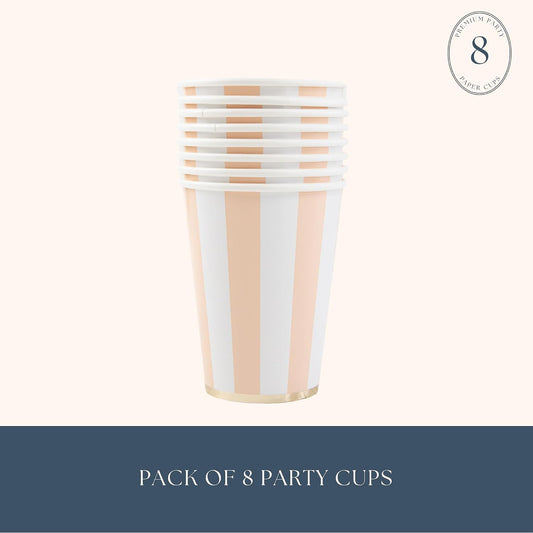 Bonjour Fête Light Peach Cabana Stripe Party Cups | Disposable Cups for Holidays, Baby Showers, Easter & Birthday Parties | Premium Party Supplies & Decorations | Pack of 8 | 12oz size