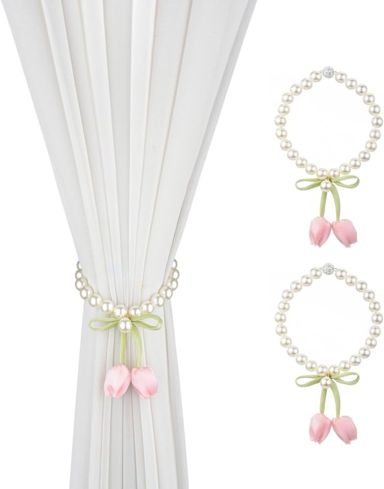 SUQ I OME 1 Pair of Handmade Tulip Flower Curtain Magnetic Tiebacks,Curtain Ties,Curtain Holdbacks for Home Office Decoration,Pink