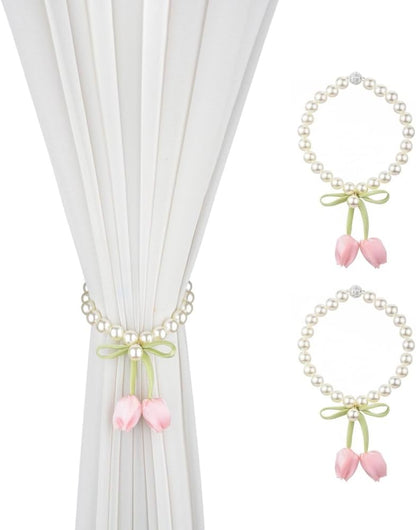 SUQ I OME 1 Pair of Handmade Tulip Flower Curtain Magnetic Tiebacks,Curtain Ties,Curtain Holdbacks for Home Office Decoration,Pink