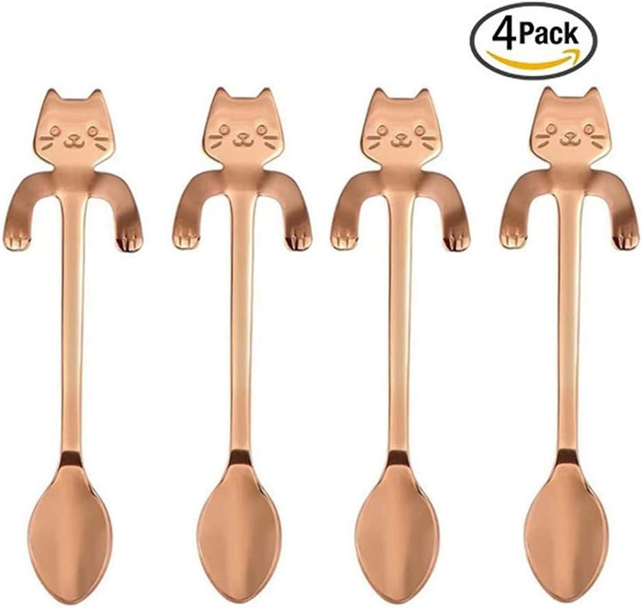 4 Pack Mini Cat Spoon Coffee Tea Spoon Set 304 Stainless Steel Cute Hang Cup Spoon Tableware Flatware Kitchen Gadget for Spice/Salt/Suger Dessert Picking Tea Coffee Drink Mixing (Rose gold)