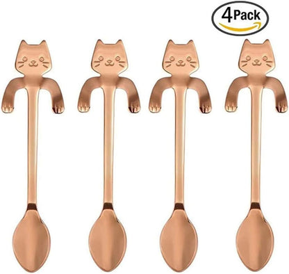 4 Pack Mini Cat Spoon Coffee Tea Spoon Set 304 Stainless Steel Cute Hang Cup Spoon Tableware Flatware Kitchen Gadget for Spice/Salt/Suger Dessert Picking Tea Coffee Drink Mixing (Rose gold)