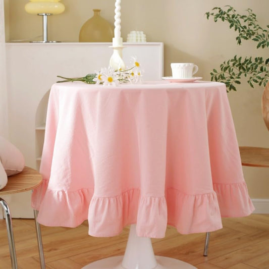 HAIRUO Cotton Linen Table Cloths Retro Farmhouse Heavy Fabric Table Cover Pink White Washable Table Top for Parties Coffee Kitchen Picnic Round Table Cloth (Pink,Round, 47")