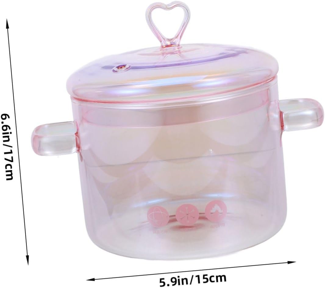 Pink Glass Saucepan with Cover,50oz/ 1500ml Double-handle Stew Pot with Lid Heat-resistant Glass Soup Pot for Home Cooking