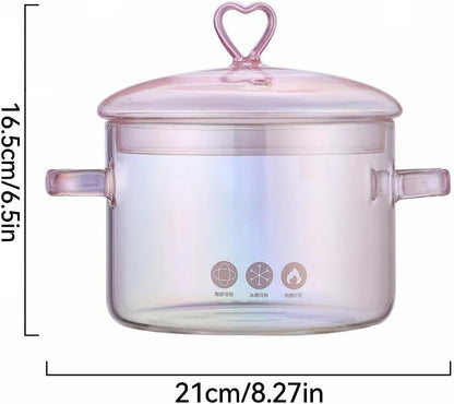 Pink Glass Saucepan with Lid and Handle,Heart-Shaped Glass Cooking Pot, 1.5L/50oz GlassCooking Pot,Heat Resistant,Safe for Oven,Gas,Electric Stoves and Dishwashers Safe,for Pasta Soups Potpourri