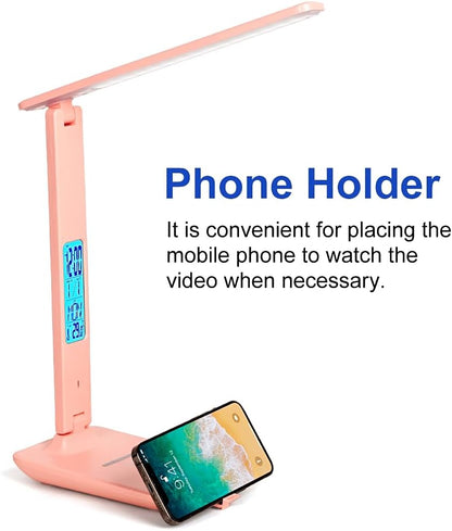 Multifunctional LED Desk Lamp with Wireless Charger,USB Charging Port,Clock,Phone Holder,Desk Lamps for Home Office,Eye-Caring Reading Lamp,Study Lamp for Boys,Girls,Teens,Pink