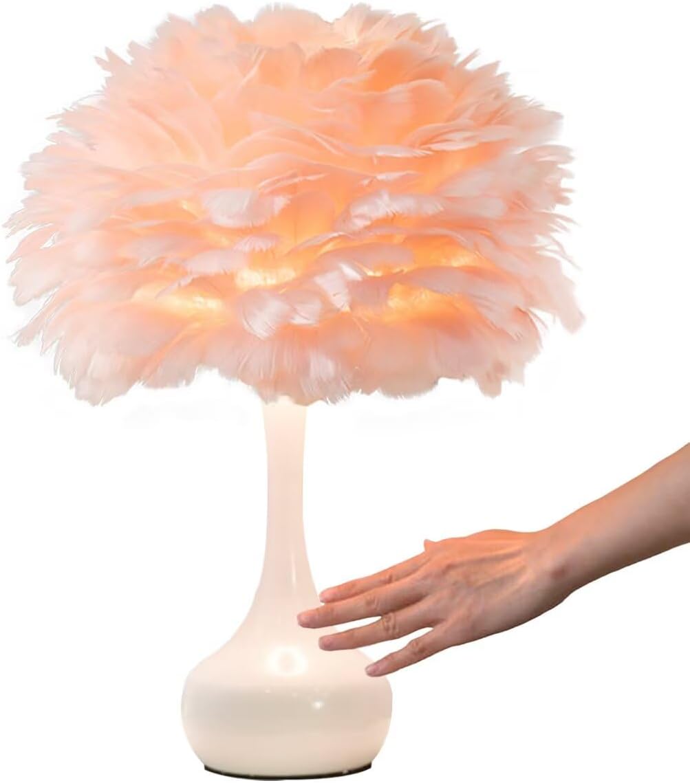 Elegant White Feather Table Lamp Bedside Lamp with Touch Switch Feather Table Light Desk Feather Lampshade for Bedroom, Home Decoration, Pink